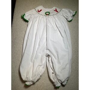 Stitchy Fish Christmas Smocked JOY Wreath White Corduroy Bubble Romper 24M